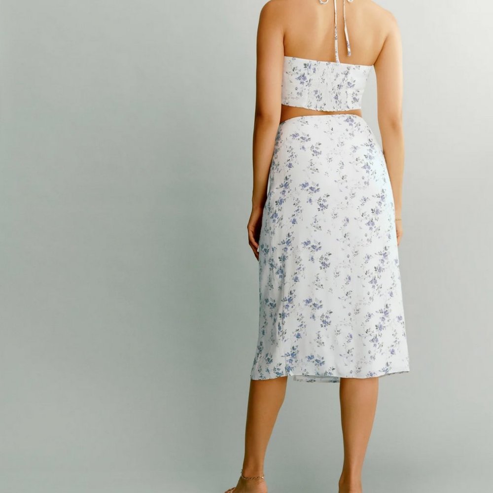Reformation White Floral Two-Piece Skirt Set with Blue Print - Picture 3 of 12